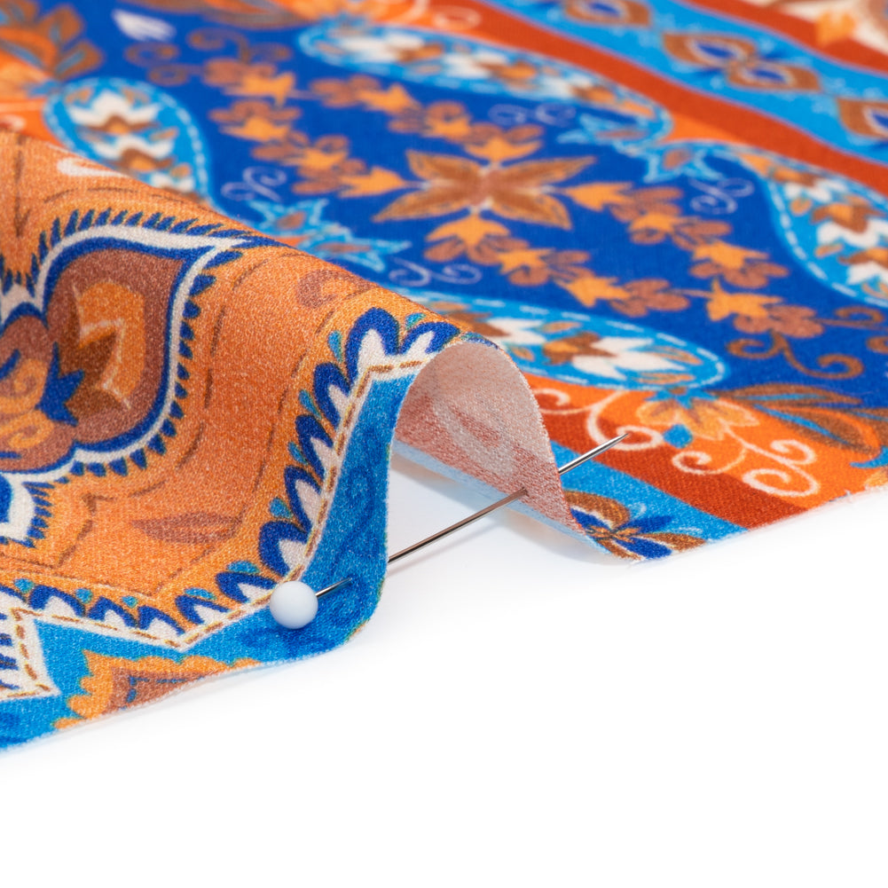 Viscose Crepe Print - Blue and Orange Floral Medallion Stripes - Mood Exclusive Happy Hayday Folded