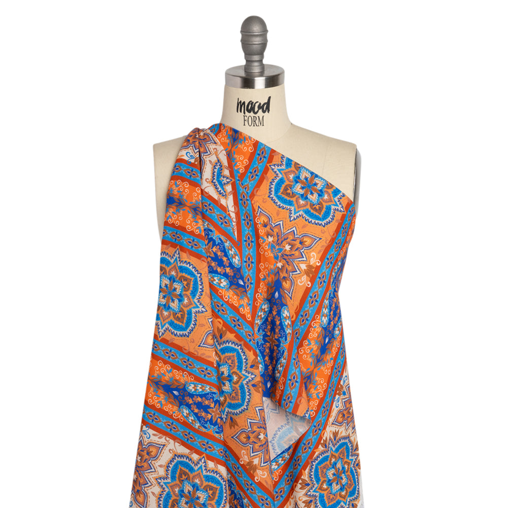 Viscose Crepe Print - Blue and Orange Floral Medallion Stripes - Mood Exclusive Happy Hayday Detail