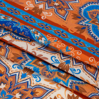 Viscose Crepe Print - Blue and Orange Floral Medallion Stripes - Mood Exclusive Happy Hayday Full