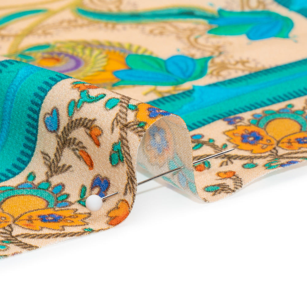 Viscose Crepe Panel - Teal and Golden Orange Fancy Leaves - Mood Exclusive Peacock Gardens Folded