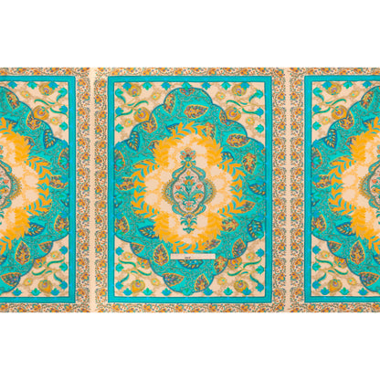 Viscose Crepe Panel - Teal and Golden Orange Fancy Leaves - Mood Exclusive Peacock Gardens Drape