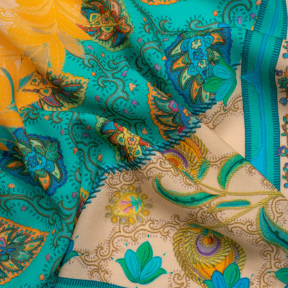 Viscose Crepe Panel - Teal and Golden Orange Fancy Leaves - Mood Exclusive Peacock Gardens