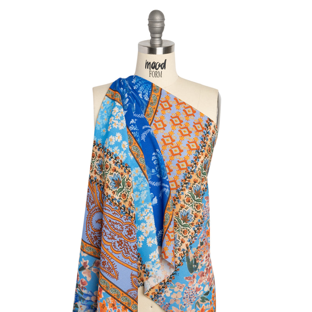 Viscose Crepe Print - Blue and Orange Floral and Paisley Stripes - Mood Exclusive April in Patterns Detail