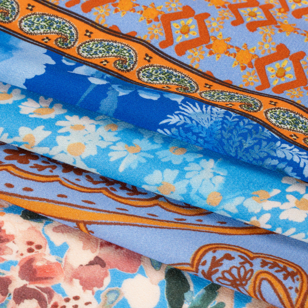 Viscose Crepe Print - Blue and Orange Floral and Paisley Stripes - Mood Exclusive April in Patterns Full