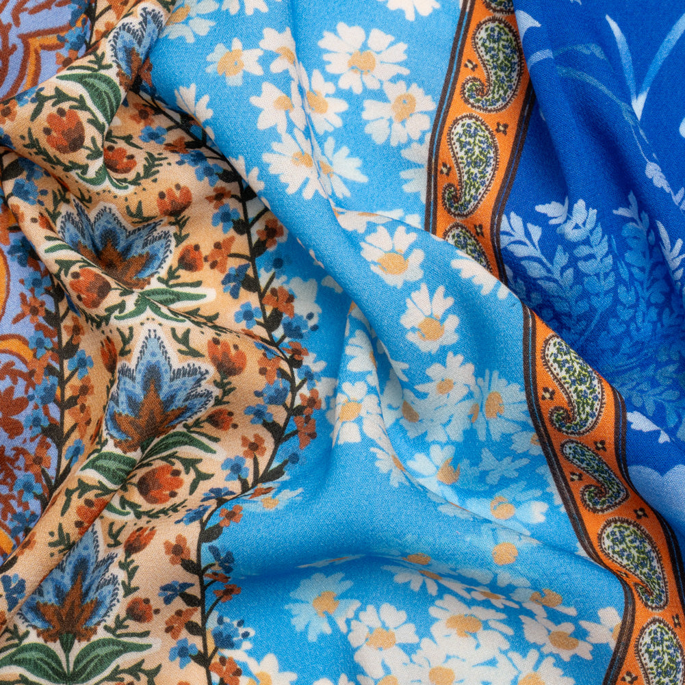 Viscose Crepe Print - Blue and Orange Floral and Paisley Stripes - Mood Exclusive April in Patterns