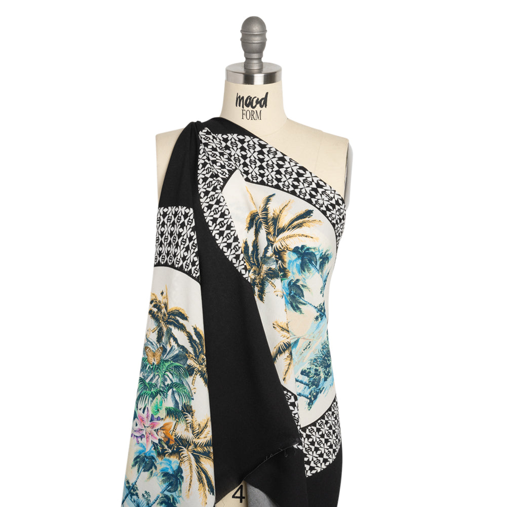 Viscose Crepe Print - Black, White and Blue Palm Tree Circles - Mood Exclusive Picturesque Porthole Detail