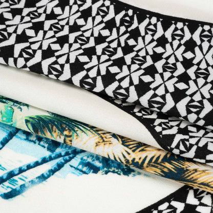Viscose Crepe Print - Black, White and Blue Palm Tree Circles - Mood Exclusive Picturesque Porthole Full