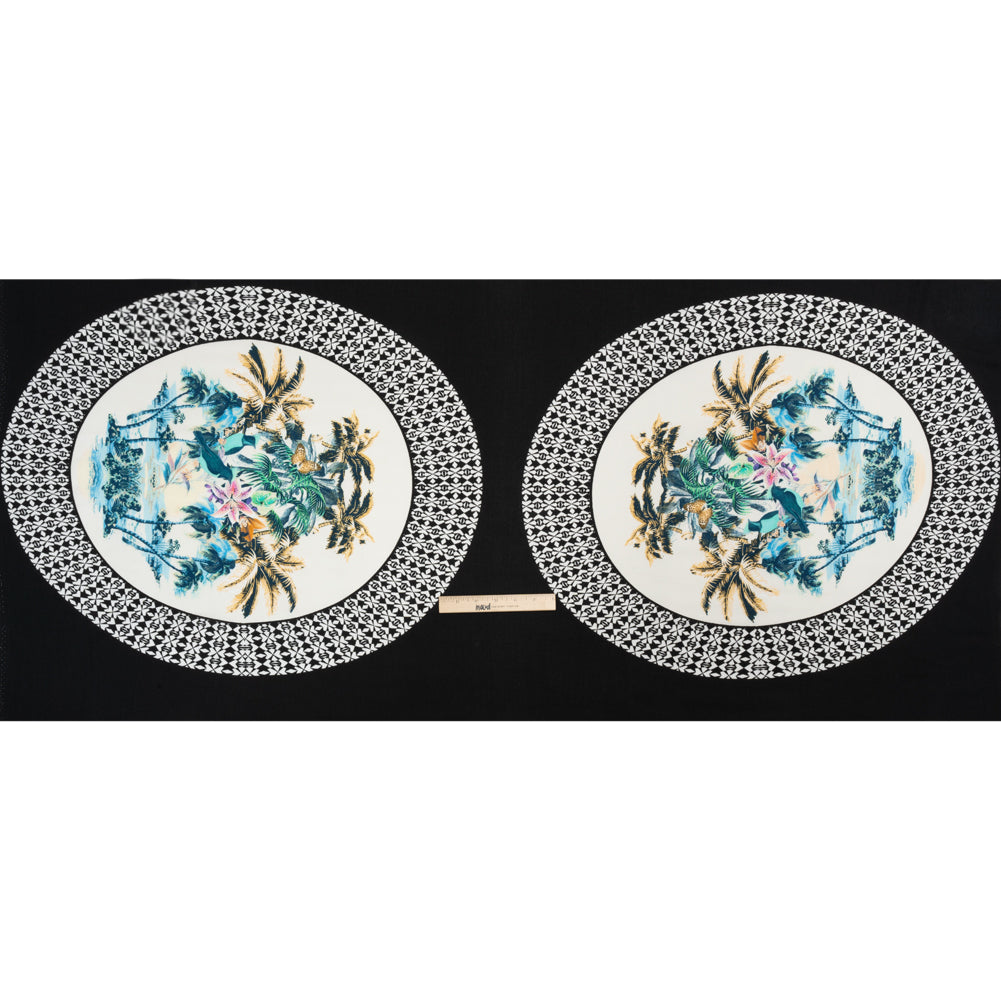 Viscose Crepe Print - Black, White and Blue Palm Tree Circles - Mood Exclusive Picturesque Porthole Drape