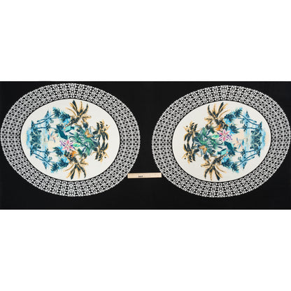 Viscose Crepe Print - Black, White and Blue Palm Tree Circles - Mood Exclusive Picturesque Porthole Drape
