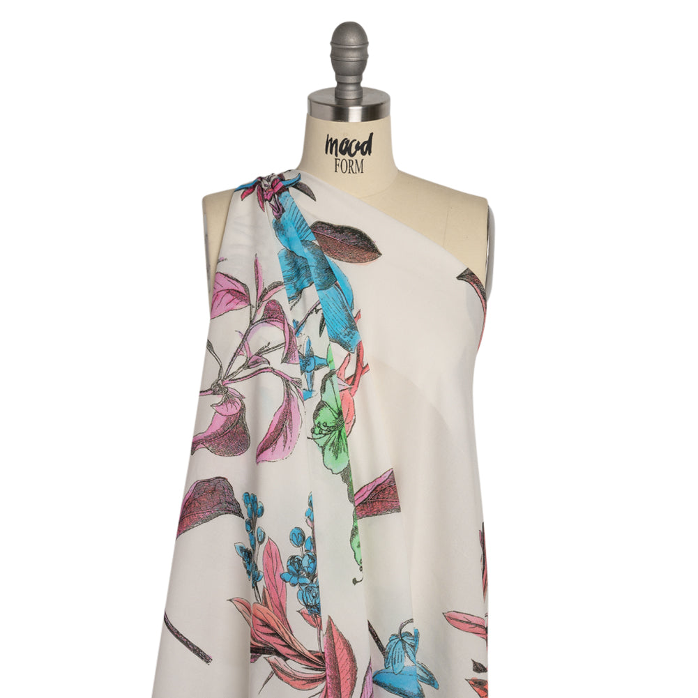 Viscose Crepe Print - Pink, Blue and Green Floral - Mood Exclusive Painted Petals Detail