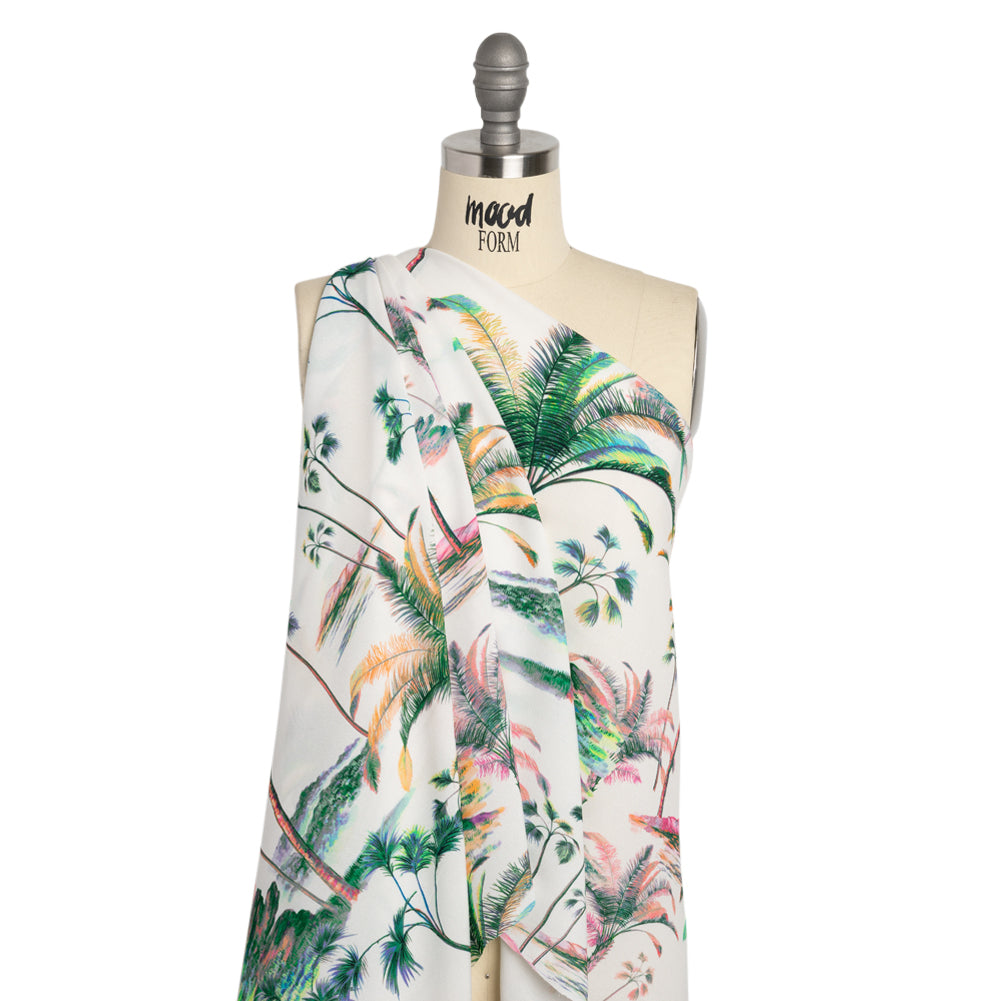 Viscose Crepe Print - Green, Pink and White Palm Trees - Mood Exclusive Shore Thing Detail