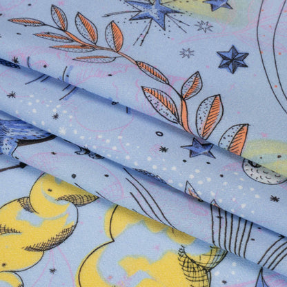 Viscose Crepe Print - Blue and Yellow Celestial Creatures - Mood Exclusive Mythical Me Full