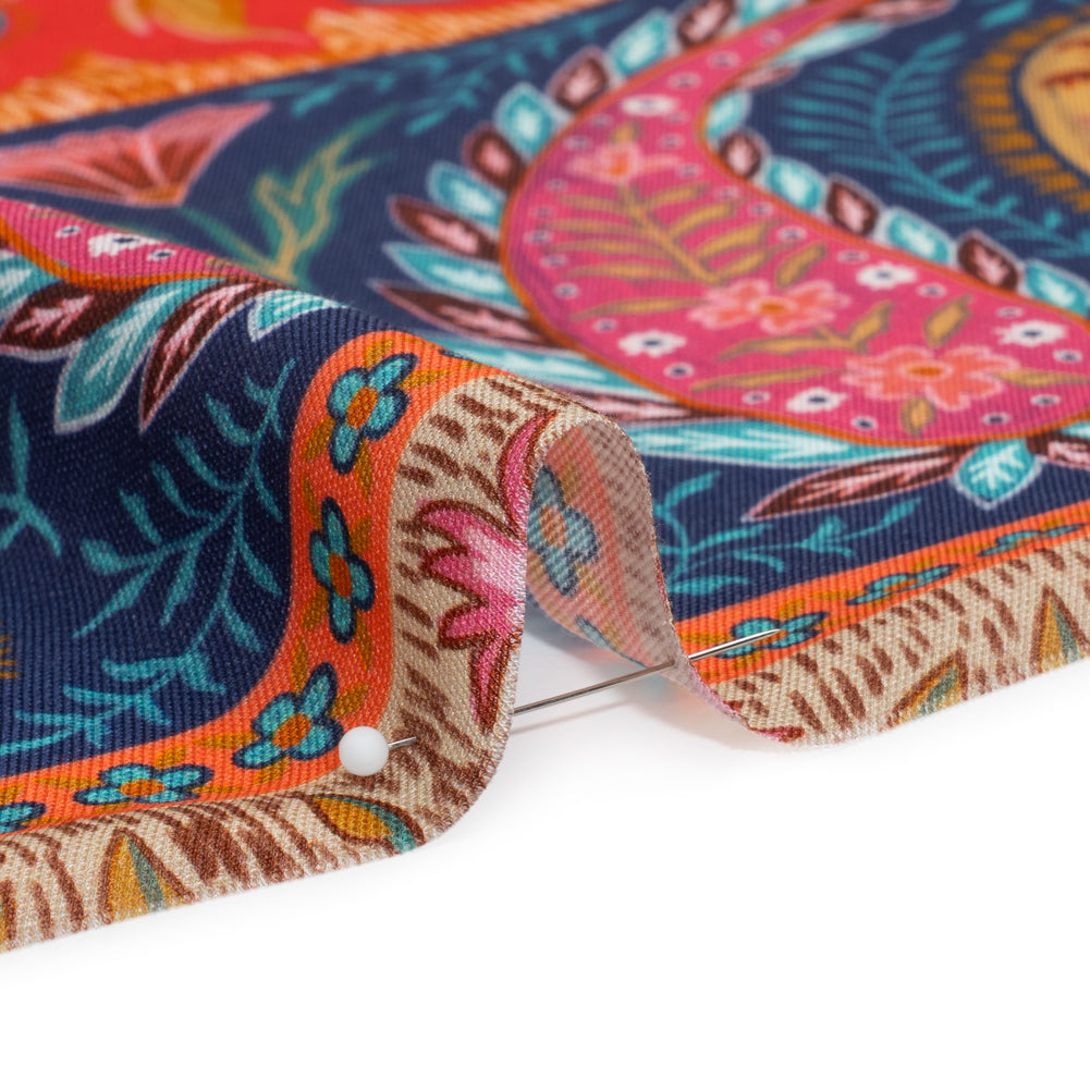 Viscose and Linen Twill Print - Blue and Orange Paisley and Floral Stripes - Mood Exclusive Botanical Bliss Folded