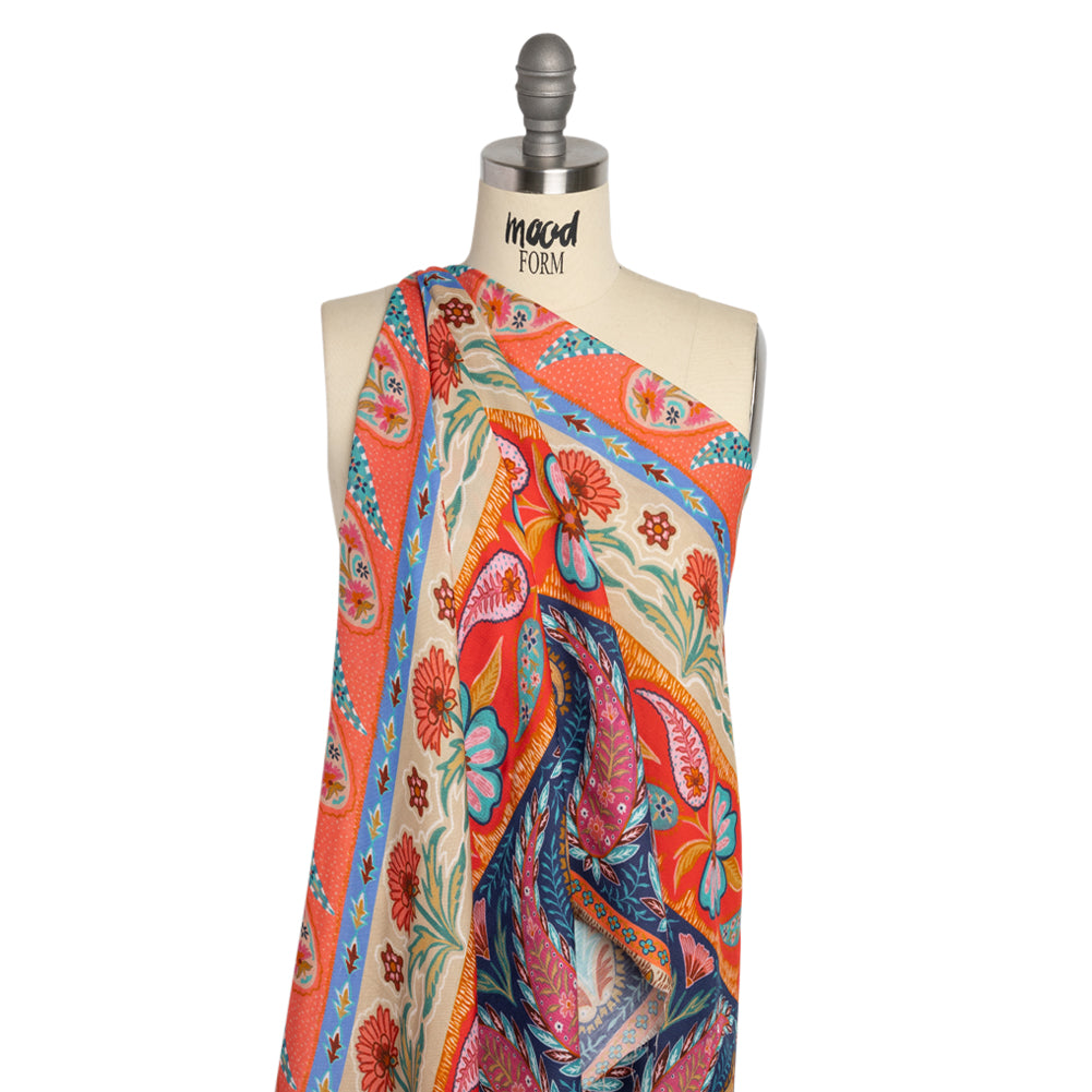 Viscose and Linen Twill Print - Blue and Orange Paisley and Floral Stripes - Mood Exclusive Botanical Bliss Detail