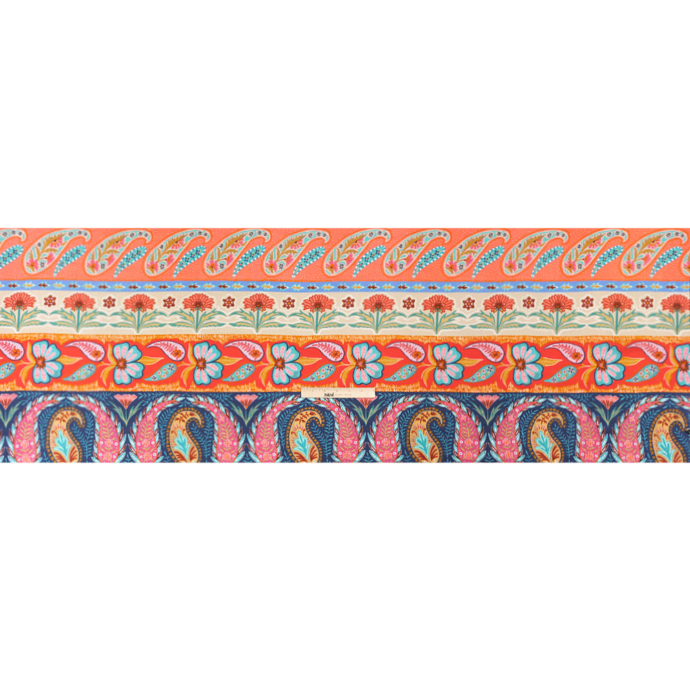 Viscose and Linen Twill Print - Blue and Orange Paisley and Floral Stripes - Mood Exclusive Botanical Bliss Drape
