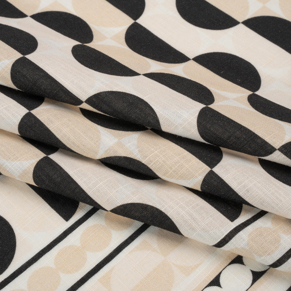 Viscose and Linen Woven Panel Print - Black and White Split Circles - Mood Exclusive Circle Back Folded