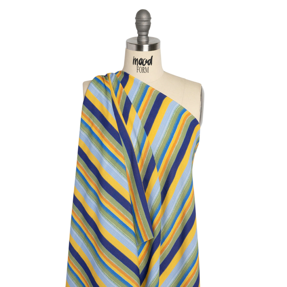 Sustainable Viscose Crepe Print - Blue, Orange and Yellow Stripes - Mood Exclusive Between the Lines Drape