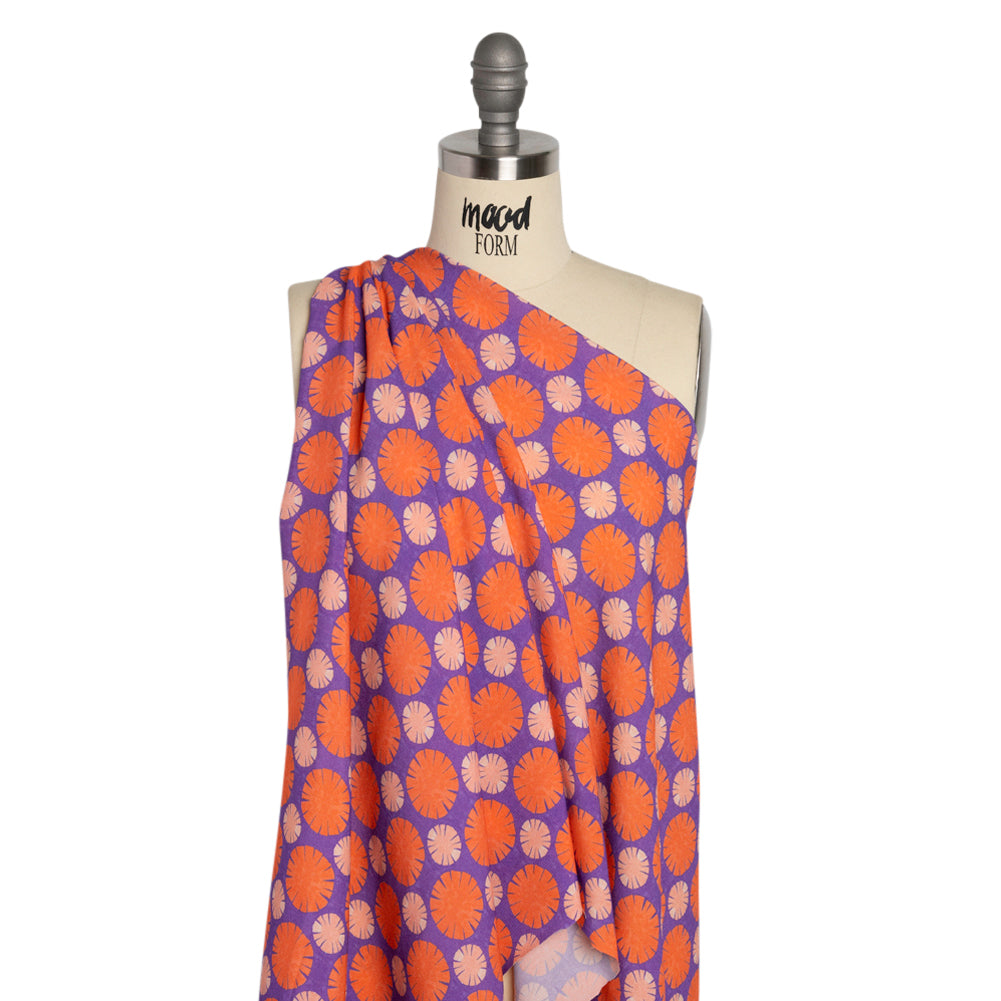 Sustainable Viscose Crepe Print - Purple, Red and Coral Floral Polka Dots - Mood Exclusive Sunshine Grounds Drape