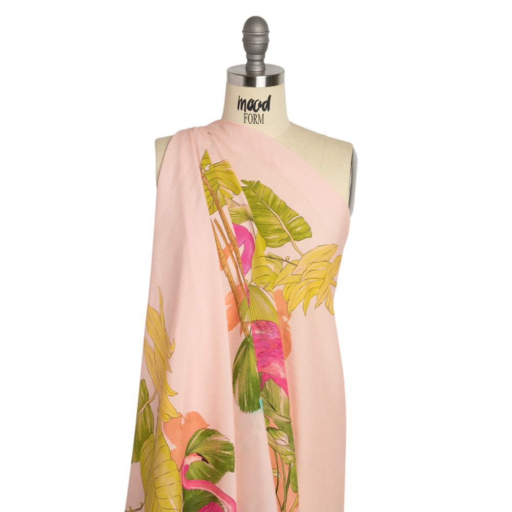 Sustainable Viscose Woven Print - Peach Flamingos and Leaves - Mood Exclusive Forever Everglades Detail