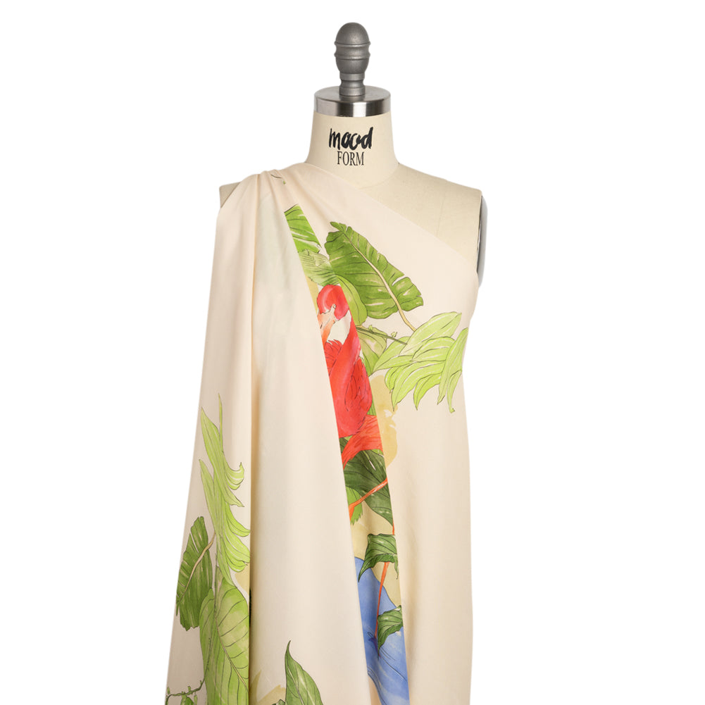 Sustainable Viscose Woven Print - Cream Flamingos and Leaves - Mood Exclusive Forever Everglades Detail