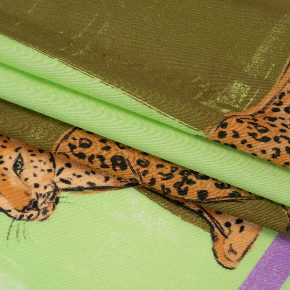 Sustainable Viscose Woven Panel - Lime and Brown Jaguar in Squares - Mood Exclusive Jaguar Gaze Full