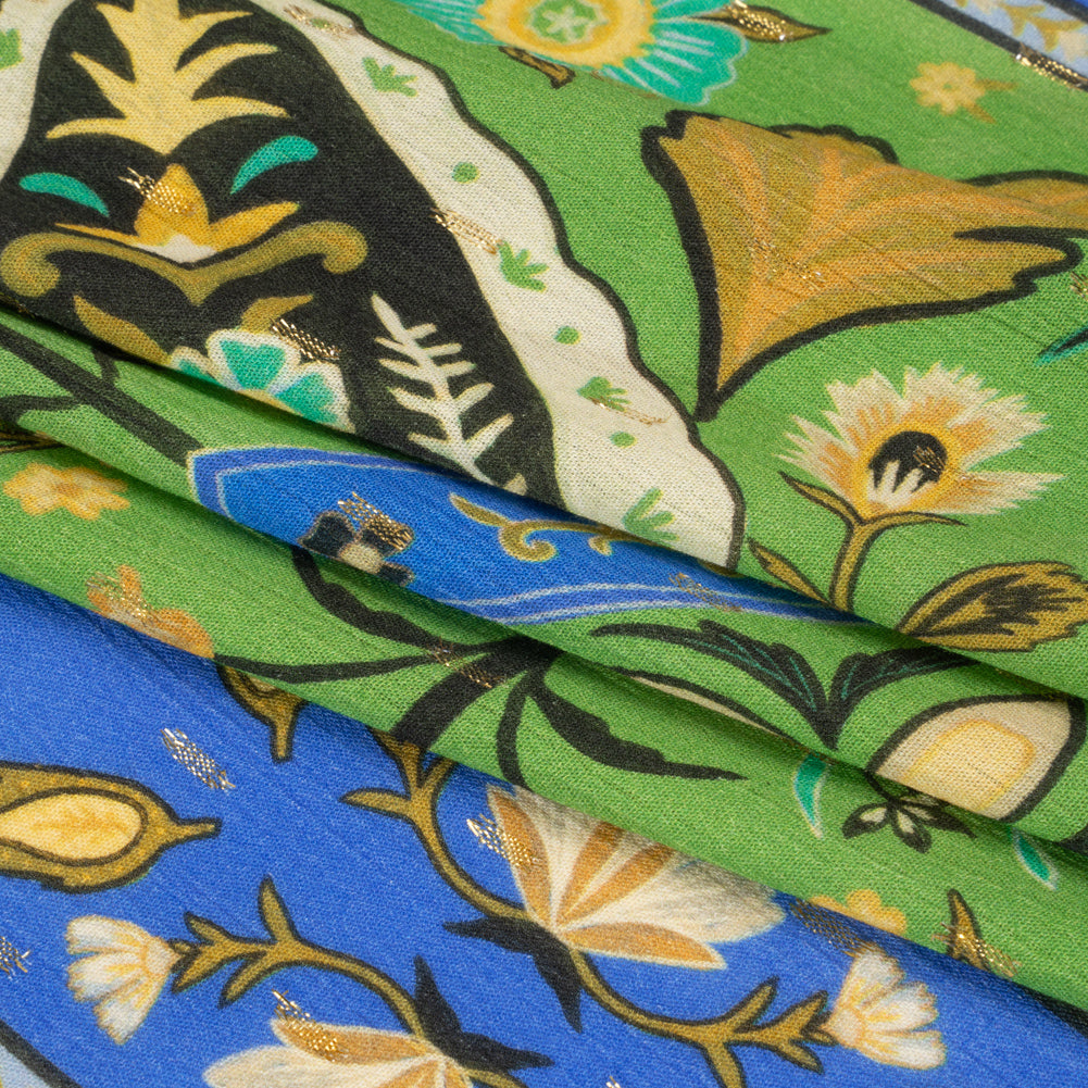 Mood Exclusive Green Floral Facade Metallic Dotted Crinkled Viscose Crepe Panel Full