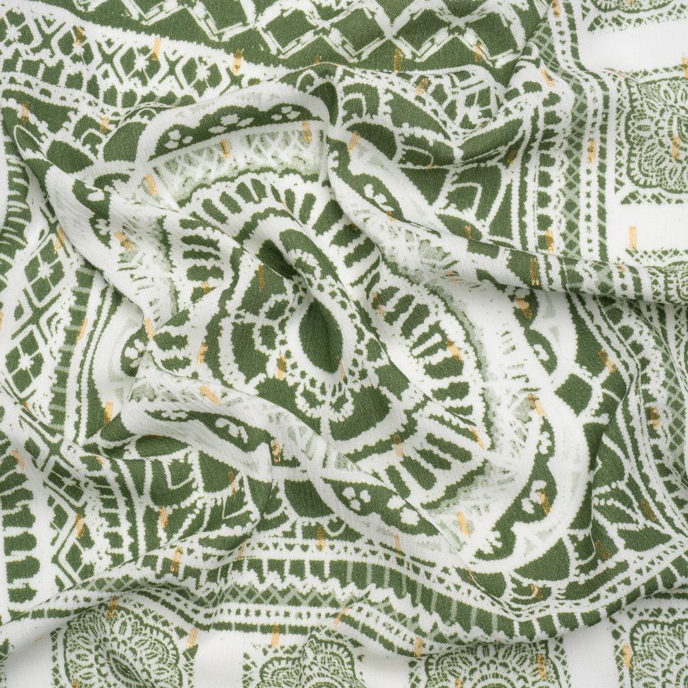 Mood Exclusive Grass Green Tapestry Tiles Metallic Dotted Crinkled Viscose Crepe Panel