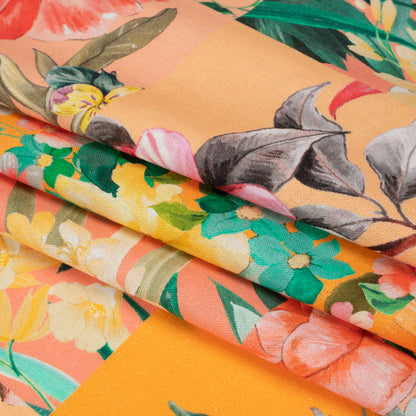 Linen and Rayon Woven Print - Peach and Orange Floral Patchwork - Mood Exclusive Citrus Garden Collage Folded