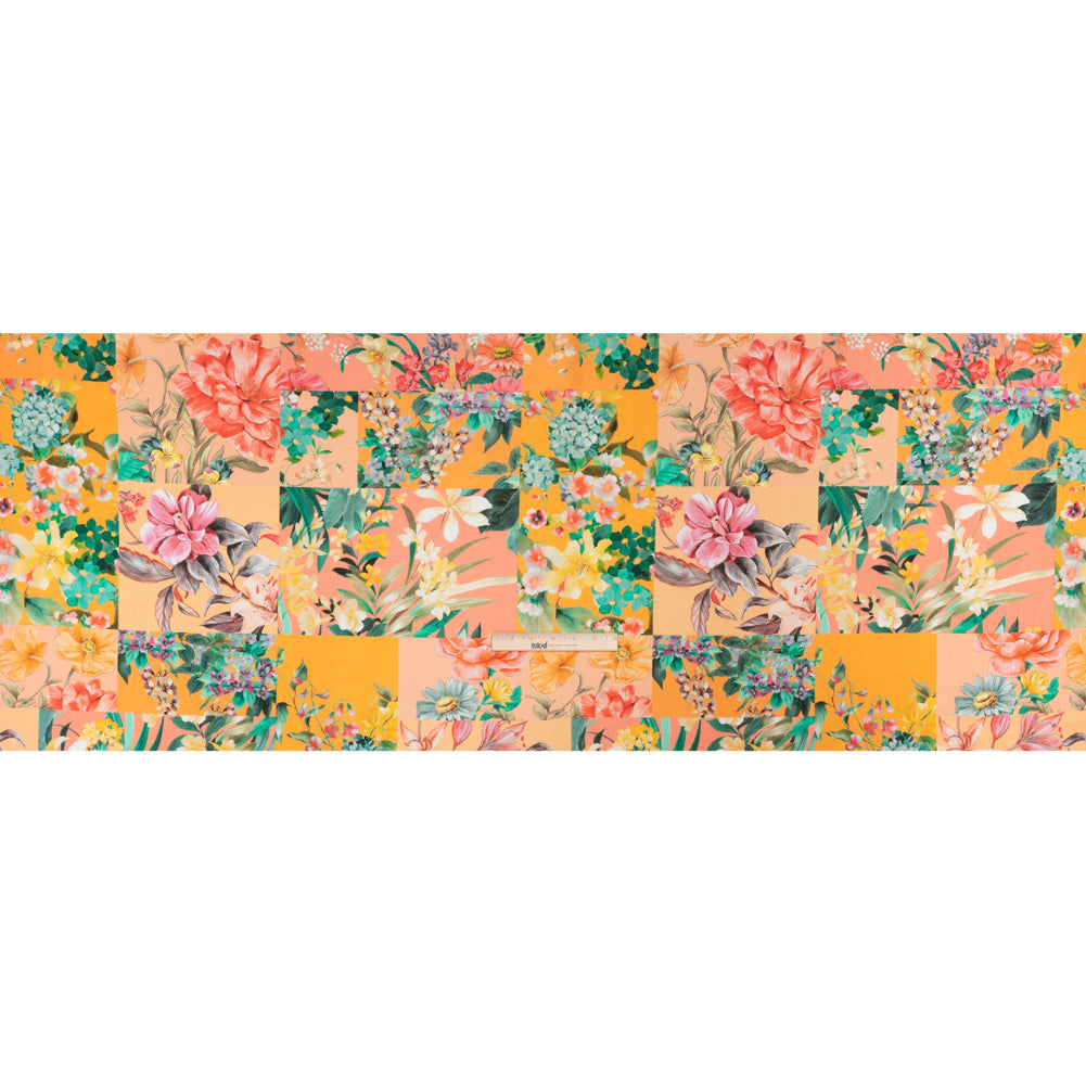 Linen and Rayon Woven Print - Peach and Orange Floral Patchwork - Mood Exclusive Citrus Garden Collage Full