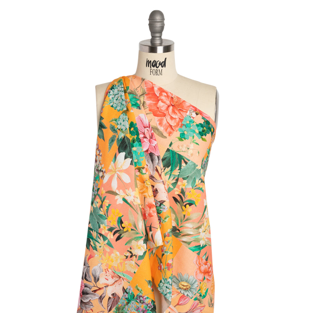 Linen and Rayon Woven Print - Peach and Orange Floral Patchwork - Mood Exclusive Citrus Garden Collage Drape