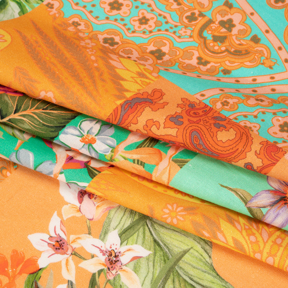 Linen and Rayon Woven Print - Turquoise and Orange Floral and Paisley Patchwork - Mood Exclusive Feel the Power Folded