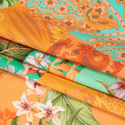 Linen and Rayon Woven Print - Turquoise and Orange Floral and Paisley Patchwork - Mood Exclusive Feel the Power Folded