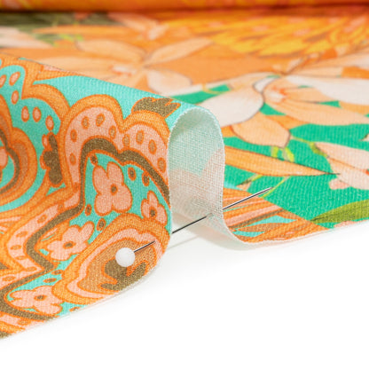 Linen and Rayon Woven Print - Turquoise and Orange Floral and Paisley Patchwork - Mood Exclusive Feel the Power Detail