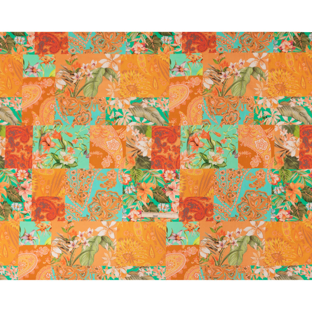 Linen and Rayon Woven Print - Turquoise and Orange Floral and Paisley Patchwork - Mood Exclusive Feel the Power Full