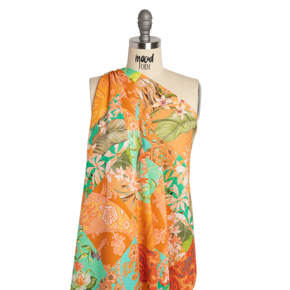 Linen and Rayon Woven Print - Turquoise and Orange Floral and Paisley Patchwork - Mood Exclusive Feel the Power Drape