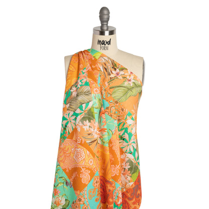 Linen and Rayon Woven Print - Turquoise and Orange Floral and Paisley Patchwork - Mood Exclusive Feel the Power Drape