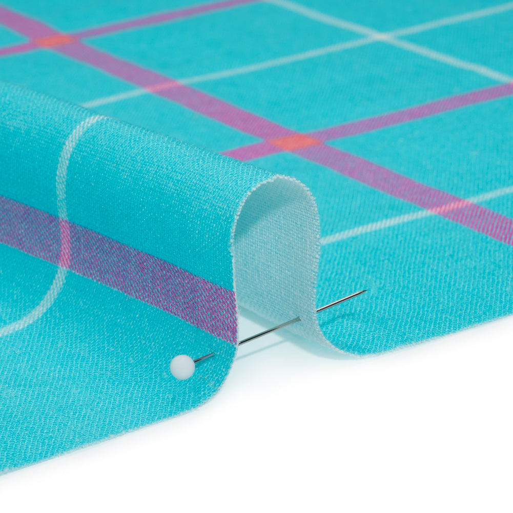Linen and Rayon Woven Print - Turquoise and Purple Plaid - Mood Exclusive Guest List Detail