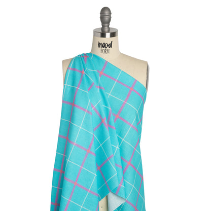 Linen and Rayon Woven Print - Turquoise and Purple Plaid - Mood Exclusive Guest List Drape