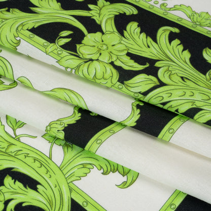 Linen and Rayon Woven Panel - Green and White Floral Frames - Mood Exclusive Luxurious Stay Folded