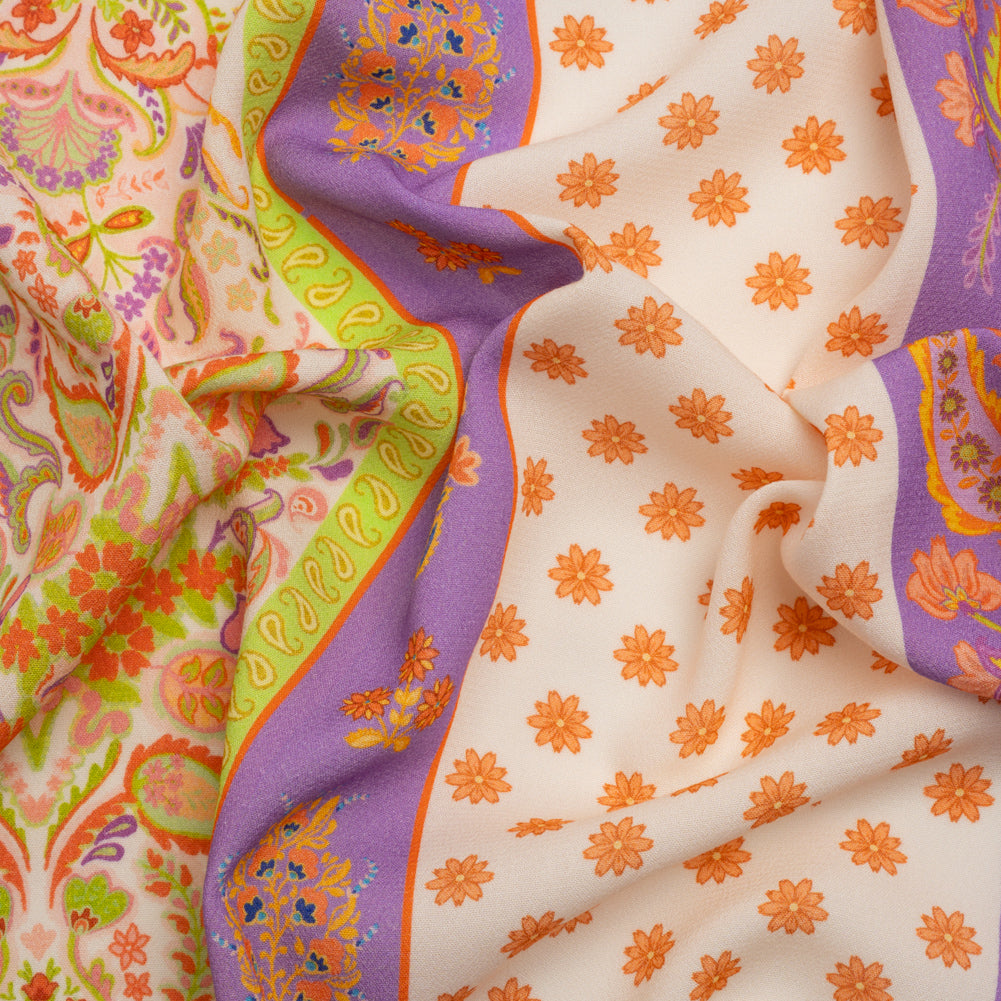 Viscose Crepe Print - Cream, Purple and Lime Green Floral Stripes - Mood Exclusive Spring Fling