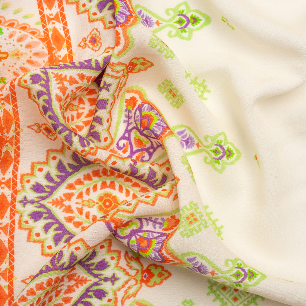 Viscose Crepe Panel - White, Orange and Purple Paisley Squares - Mood Exclusive Heavenly Day