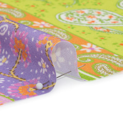 Viscose Crepe Print - Purple, Lime Green and Orange Floral and Paisley Stripes - Mood Exclusive Lessons in Lilac Folded