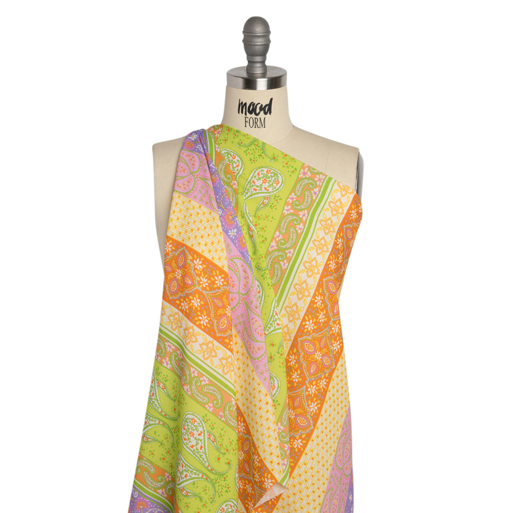 Viscose Crepe Print - Purple, Lime Green and Orange Floral and Paisley Stripes - Mood Exclusive Lessons in Lilac Detail