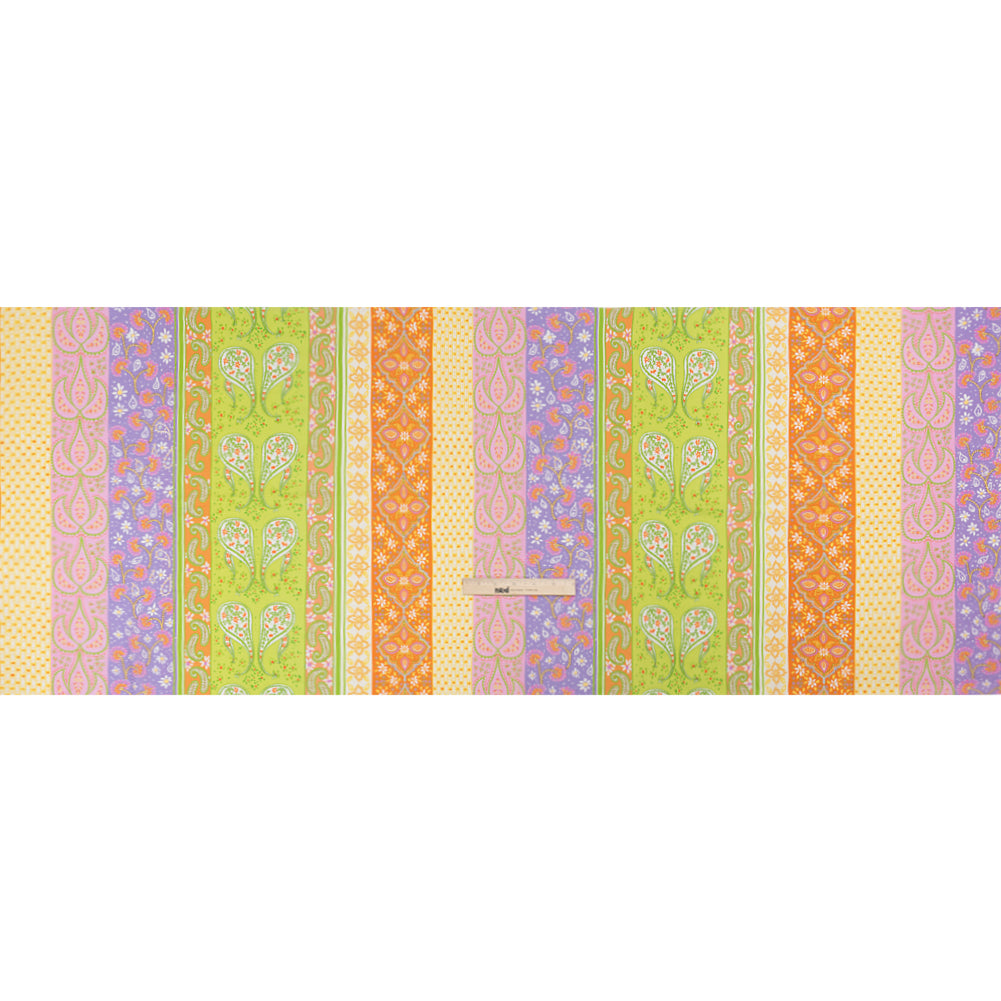Viscose Crepe Print - Purple, Lime Green and Orange Floral and Paisley Stripes - Mood Exclusive Lessons in Lilac Drape