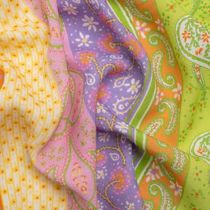 Viscose Crepe Print - Purple, Lime Green and Orange Floral and Paisley Stripes - Mood Exclusive Lessons in Lilac