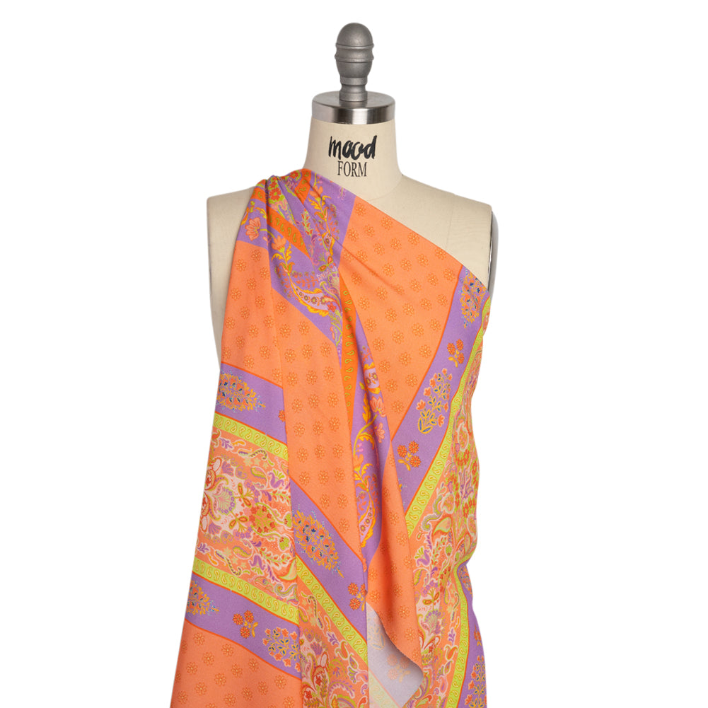 Viscose Crepe Print - Orange, Purple and Lime Green Floral Stripes - Mood Exclusive Spring Fling Detail