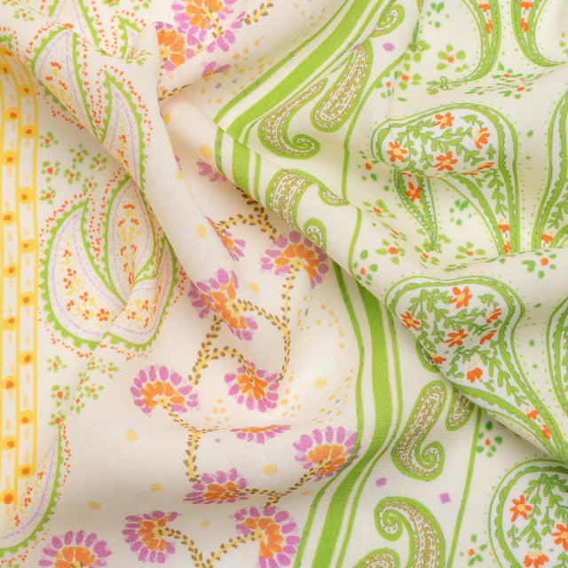 Viscose Crepe Print - Yellow, Lime Green and Pink Floral and Paisley Stripes - Mood Exclusive Lessons in Lilac