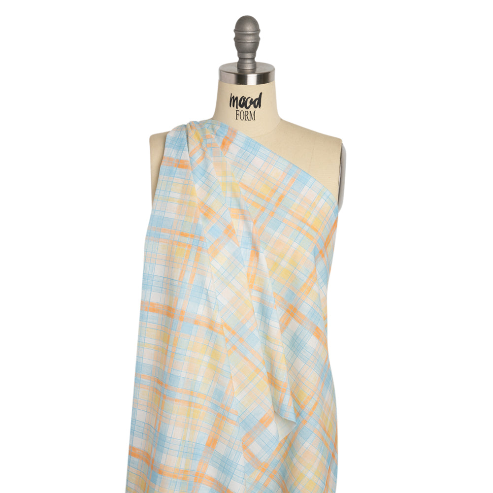 Cotton Voile Print - Blue and Orange Plaid - Mood Exclusive Chalkboard Curious Drape