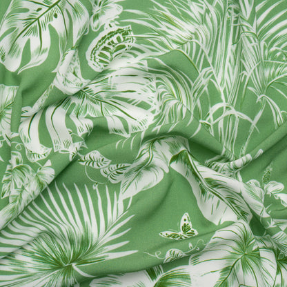 Viscose Woven Print - Green and White Tropical Leaves - Mood Exclusive Living Museum