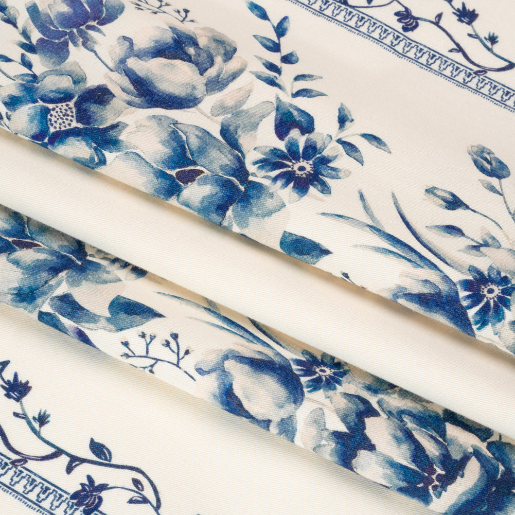 Brushed Stretch Cotton Twill Print - Navy and White Floral Stripes - Mood Exclusive Pathway to Paradise Folded